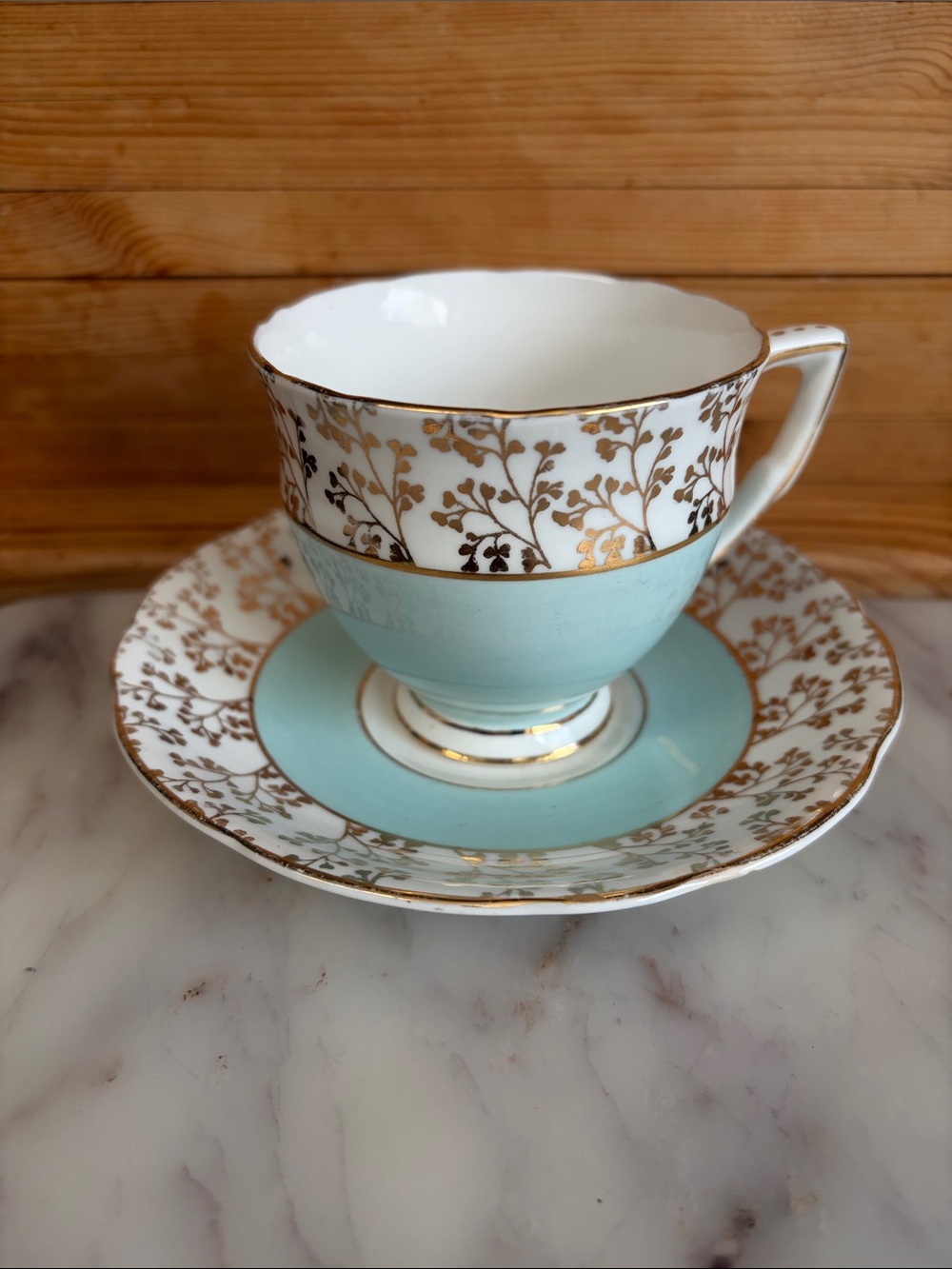 Gladstone Fine Bone China Teacup and Saucer Set in Light Blue with Gold Trim